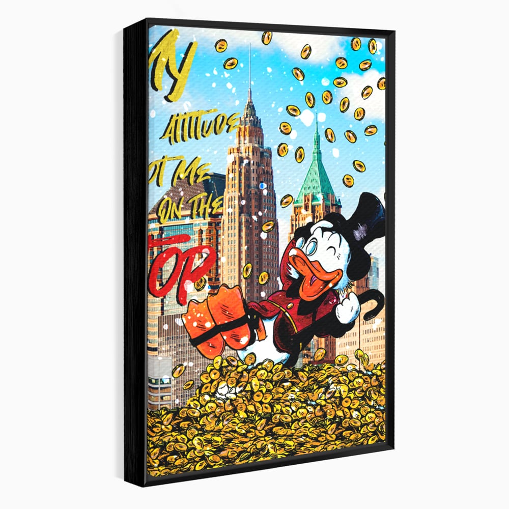Tablou canvas cu tablou canvas cu scrooge mcduck pe munte de bani, in rama de aluminiu negru